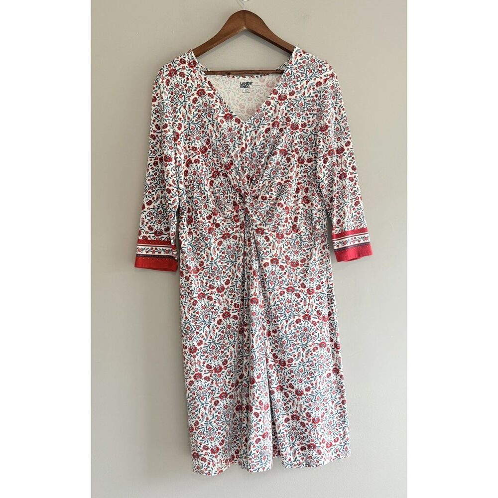 Lands End Floral Knit Dress V Neck Fit Flare Midi Cottage Stretch Red Navy Large - Picture 2 of 16